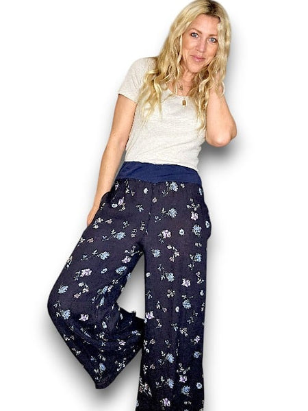 Helga May Navy Windy Bloom Wide Elastic Waist Linen Pant With Pockets