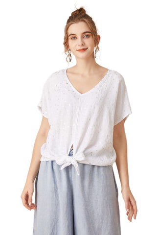 Wednesday Lulu | Linen | Cotton | Tie Top | with Silver Stars Print