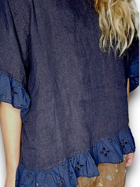 Helga May Plain Navy Eyelet Lace Edge Tunic Top