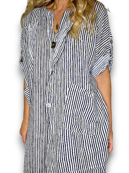 Helga Stripe Navy/White Pearl Buttons Shirt with Pockets