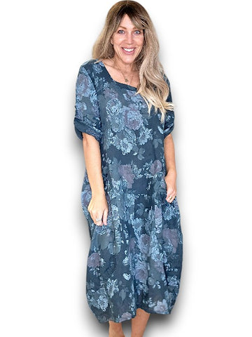 Helga May Dark Jade Scarlett Rose Button Sleeve Maxi Dress