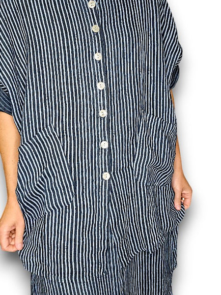 Helga Stripe Dark Jade Pearl Buttons Shirt with Pockets