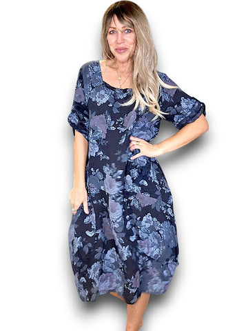 Helga May Navy Scarlett Rose Button Sleeve Maxi Dress