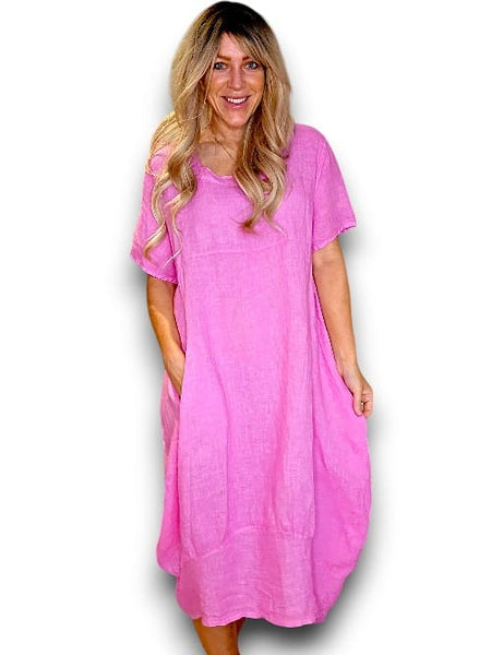 Helga May Bubblegum Pink Plain Mid Sleeve Maxi Dress