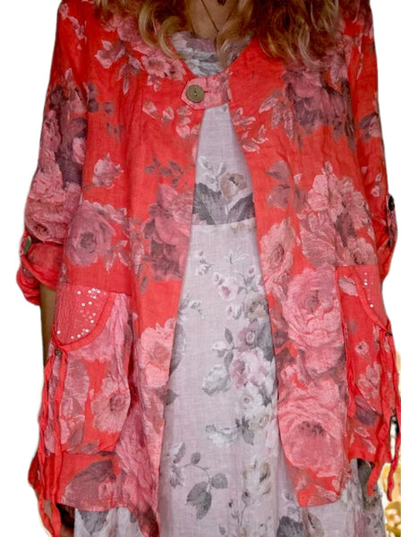 Helga May Coral Scarlett Rose Sequin Pocket Linen Jacket