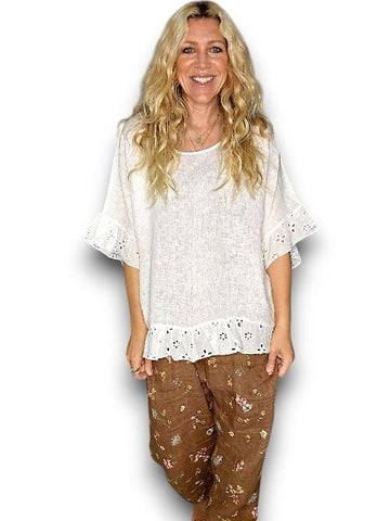 Helga May Plain White Eyelet Lace Edge Tunic Top