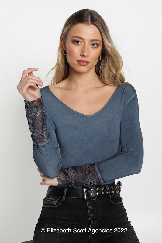 Elizabeth Scott Indigo Long Sleeve T With French Lace Trim