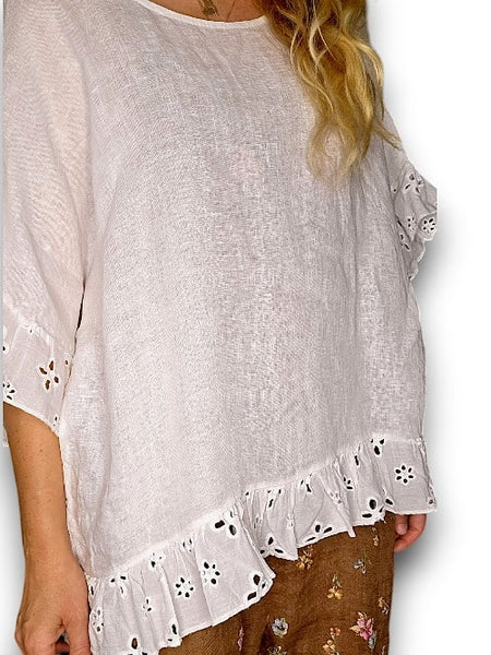 Helga May Plain White Eyelet Lace Edge Tunic Top