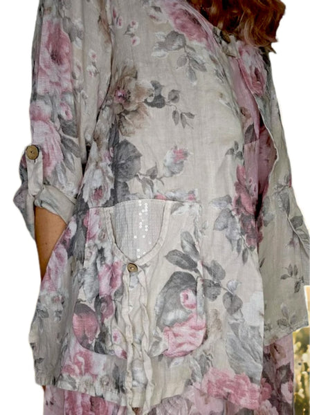 Helga May Beige Scarlett Rose Sequin Pocket Linen Jacket