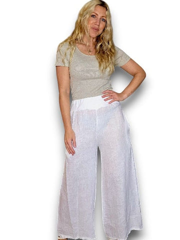 Helga May White Wide Elastic Waist Linen Pant With Pockets