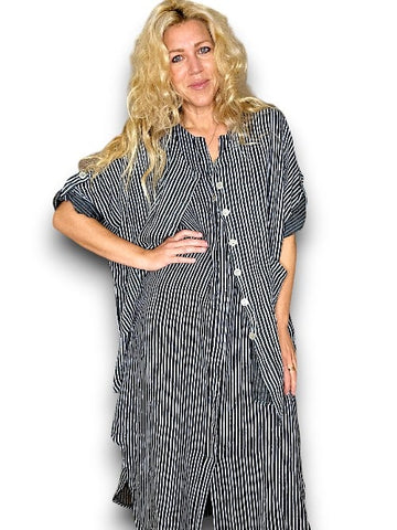 Helga Stripe Charcoal Pearl Buttons Shirt with Pockets