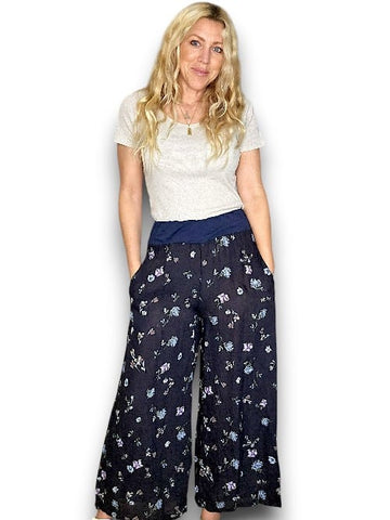 Helga May Navy Windy Bloom Wide Elastic Waist Linen Pant With Pockets