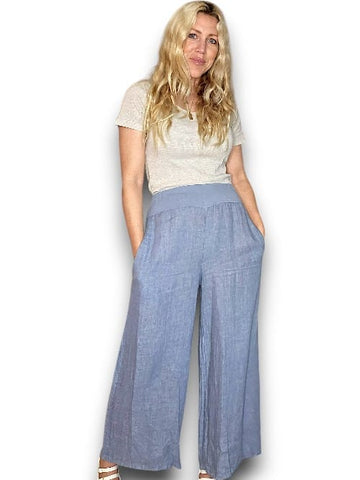 Helga May Petrol Wide Elastic Waist Linen Pant With Pockets