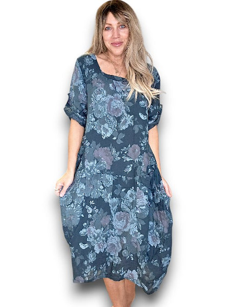 Helga May Dark Jade Scarlett Rose Button Sleeve Maxi Dress