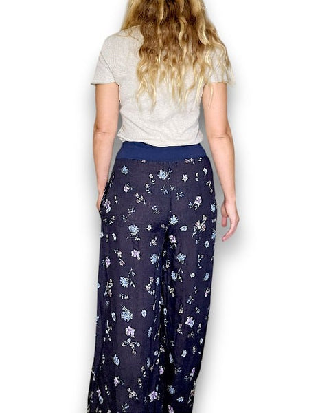 Helga May Navy Windy Bloom Wide Elastic Waist Linen Pant With Pockets