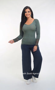 Elizabeth Scott Forest Long Sleeve T With French Lace Trim