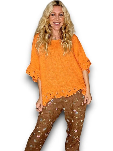 Helga May Plain Orange Eyelet Lace Edge Tunic Top