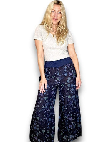 Helga May Navy Wild Garden Wide Elastic Waist Linen Pant With Pockets