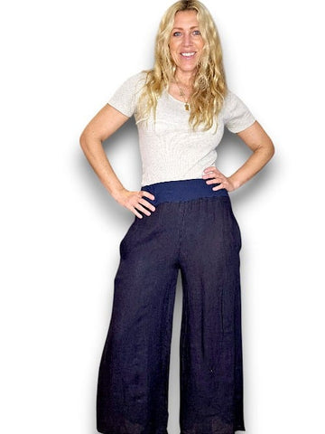 Helga May Navy Wide Elastic Waist Linen Pant With Pockets