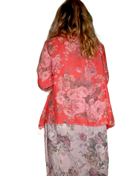 Helga May Coral Scarlett Rose Sequin Pocket Linen Jacket