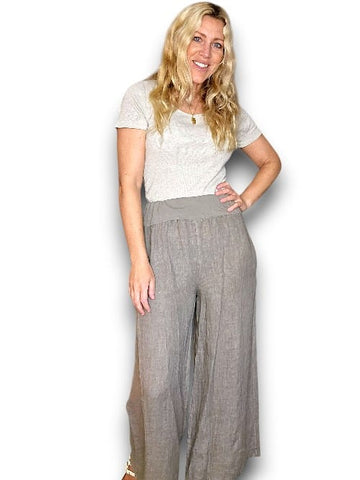 Helga May Mocha Wide Elastic Waist Linen Pant With Pockets