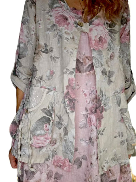 Helga May Beige Scarlett Rose Sequin Pocket Linen Jacket